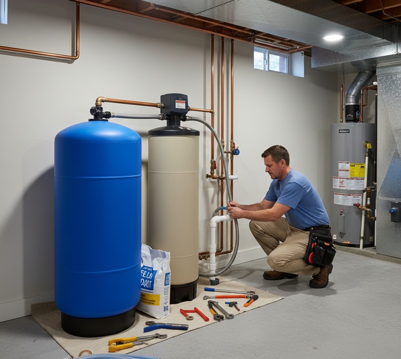 Technician installing water softener in Houston, TX