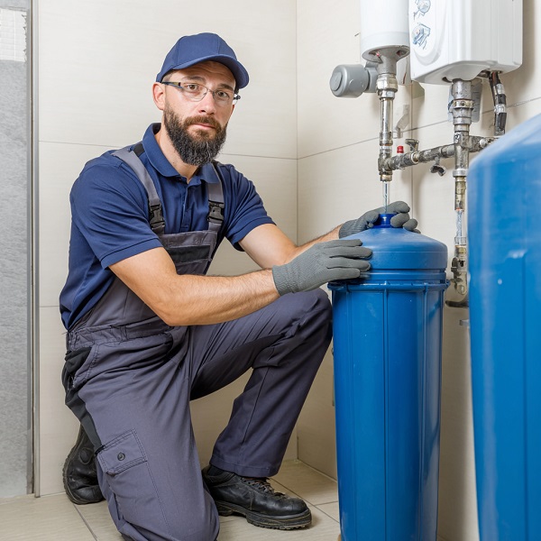 Technician providing water softener repair in Houston, TX