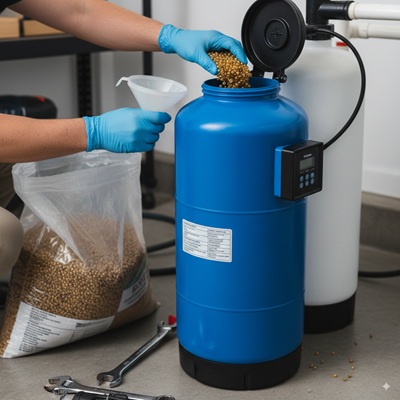 Replacing clogged resin beads in water softener tank